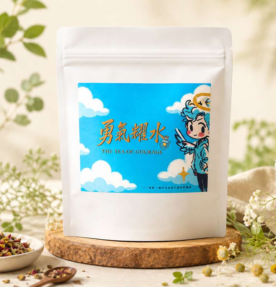 勇氣耀水 能量花草茶的白色立袋包裝,標籤上是一位長著翅膀的男孩與金色書法字